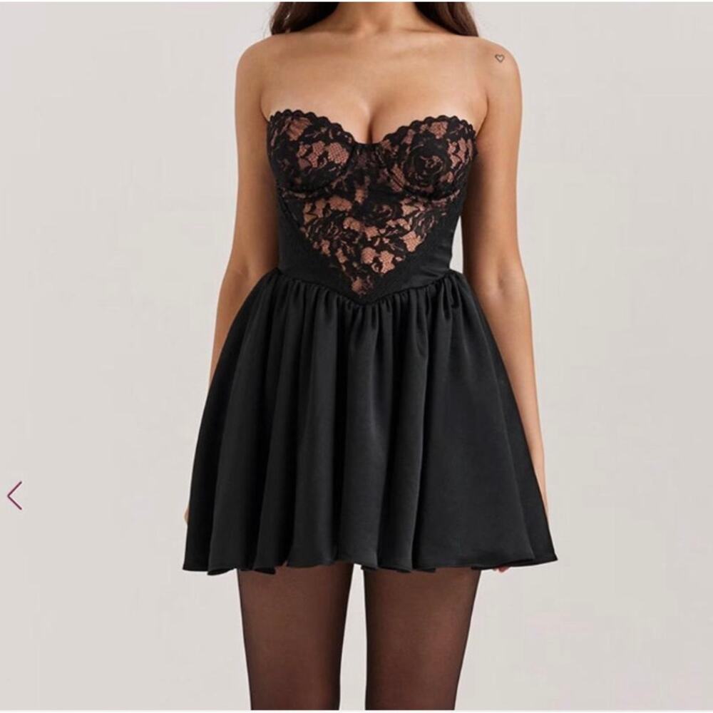 House of CB J’adore black lace and satin mini dress Size XS